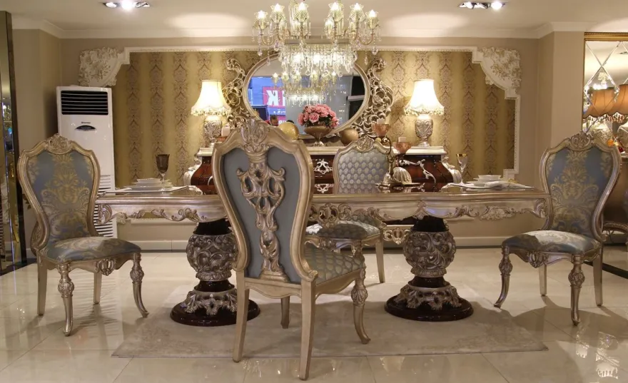 Casa Padrino Luxus Barock Esszimmer Stuhl Set Hellblau / Beige / Silber - Prunkvolles Küchen Stühle 8er Set - Barock Esszimmer Möbel