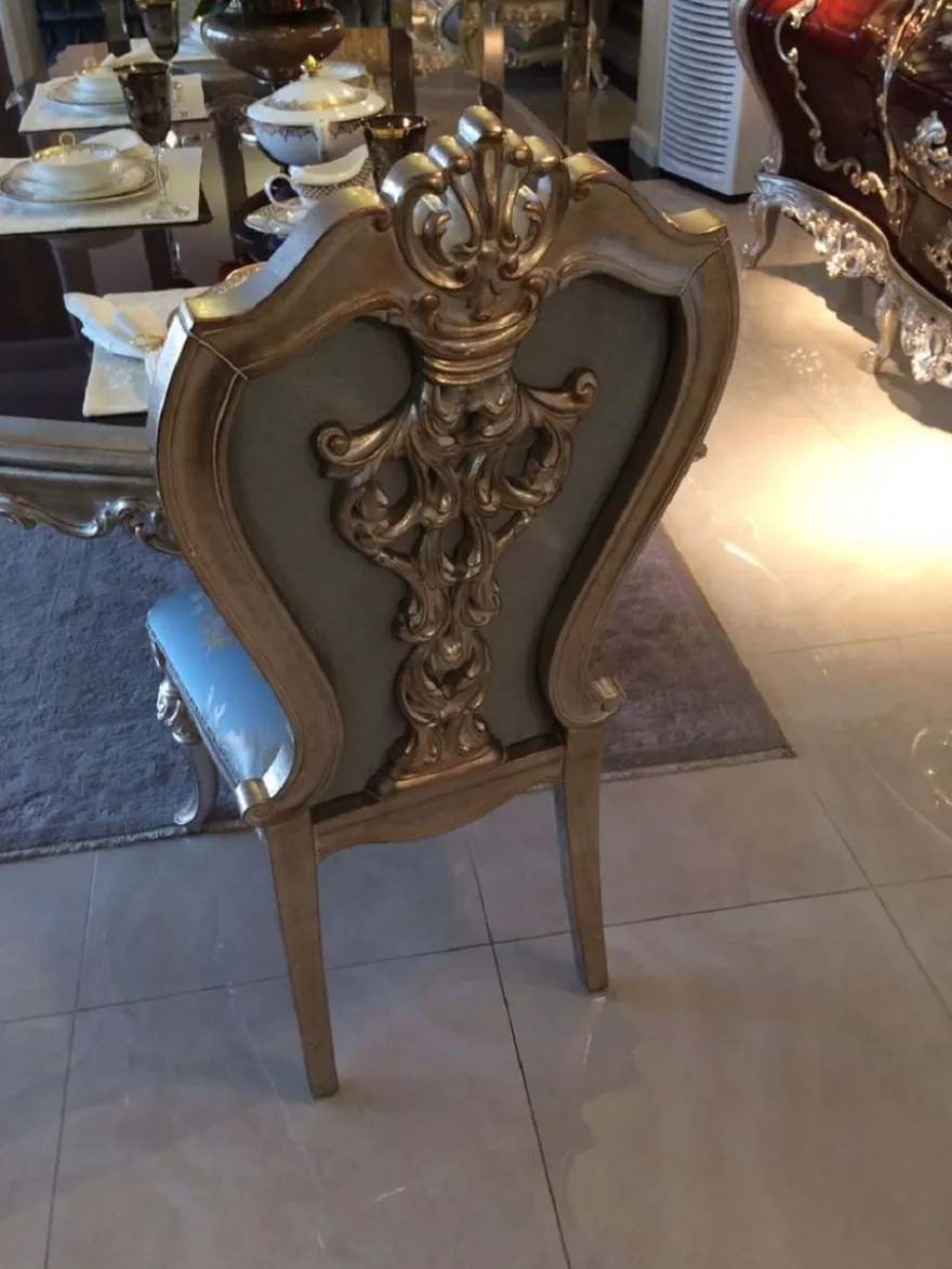 Casa Padrino Luxus Barock Esszimmer Stuhl Set Hellblau / Beige / Silber - Prunkvolles Küchen Stühle 8er Set - Barock Esszimmer Möbel