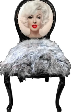 Casa Padrino Luxus Barock Esszimmer Stuhl Marilyn Monroe Grau / Schwarz 50 x 60 x H. 104 cm - Handgefertigter Pop Art Designer Stuhl mit Kunstfell - Barock Esszimmer Möbel