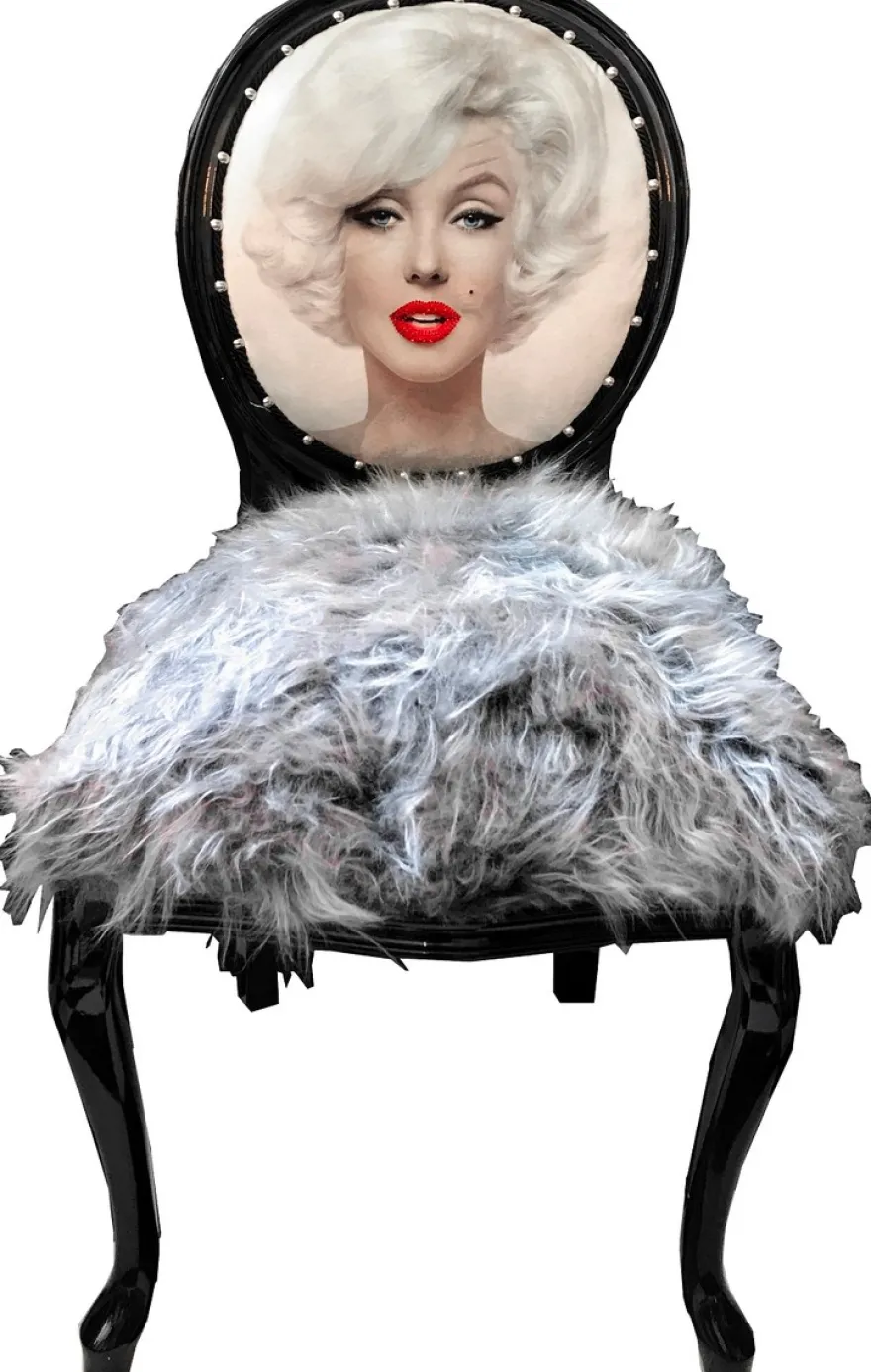 Casa Padrino Luxus Barock Esszimmer Stuhl Marilyn Monroe Grau / Schwarz 50 x 60 x H. 104 cm - Handgefertigter Pop Art Designer Stuhl mit Kunstfell - Barock Esszimmer Möbel
