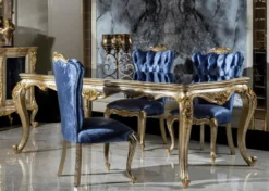 Casa Padrino Luxus Barock Esszimmer Set Blau / Silber / Gold - 1 Esstisch & 6 Esszimmerstühle - Barock Esszimmer Möbel - Edel & Prunkvoll