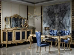 Casa Padrino Luxus Barock Esszimmer Set Blau / Silber / Gold - 1 Esstisch & 6 Esszimmerstühle - Barock Esszimmer Möbel - Edel & Prunkvoll