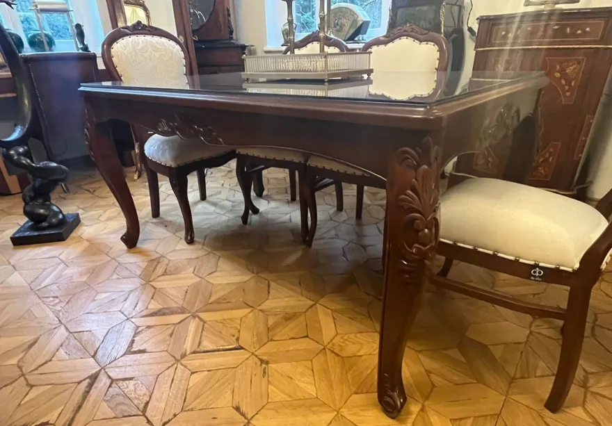 Casa Padrino Luxus Barock Esstisch mit Glasplatte Dunkelbraun - Handgefertigter Massivholz Esszimmertisch - Luxus Esszimmer Möbel im Barockstil - Barock Möbel - Barock Einrichtung