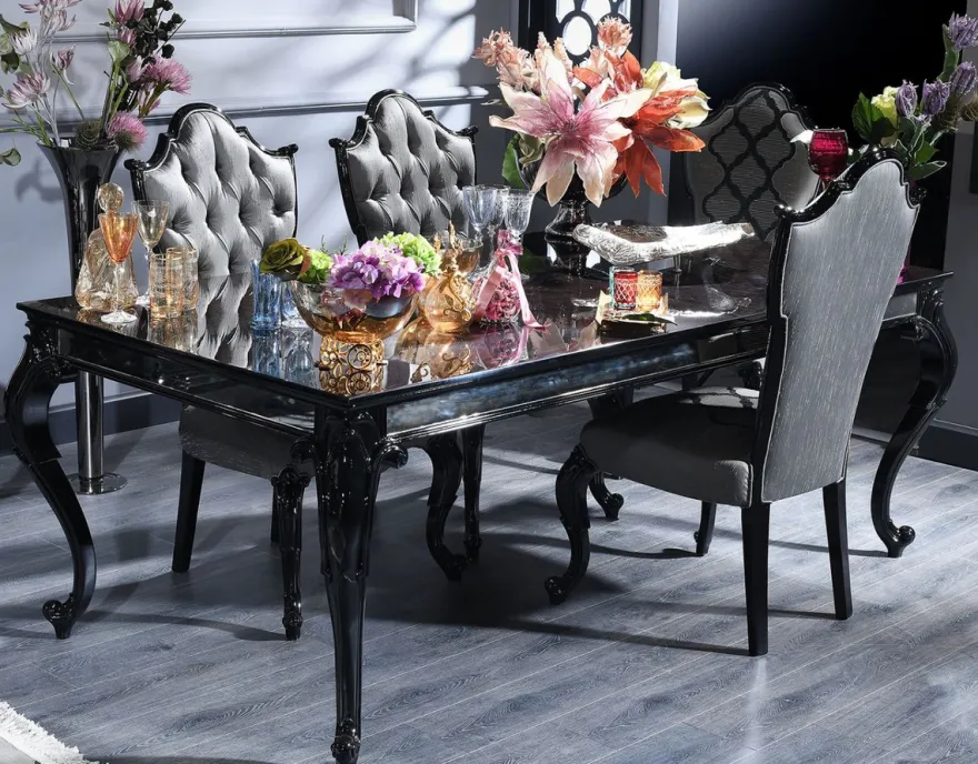 Casa Padrino Luxus Barock Esstisch Schwarz / Braun 210 x 110 x H. 78 cm - Edler Massivholz Küchentisch mit Glasplatte und Spiegelglas - Barock Esszimmer Möbel - Luxus Qualität - Made in Italy