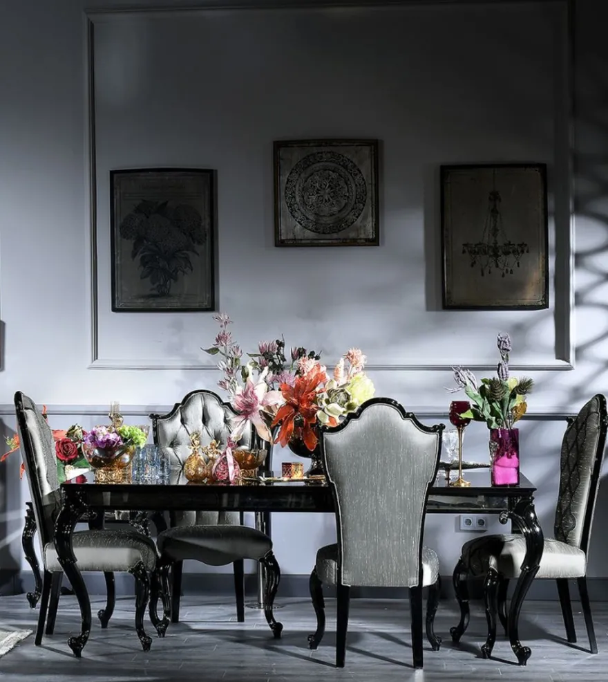 Casa Padrino Luxus Barock Esstisch Schwarz / Braun 210 x 110 x H. 78 cm - Edler Massivholz Küchentisch mit Glasplatte und Spiegelglas - Barock Esszimmer Möbel - Luxus Qualität - Made in Italy