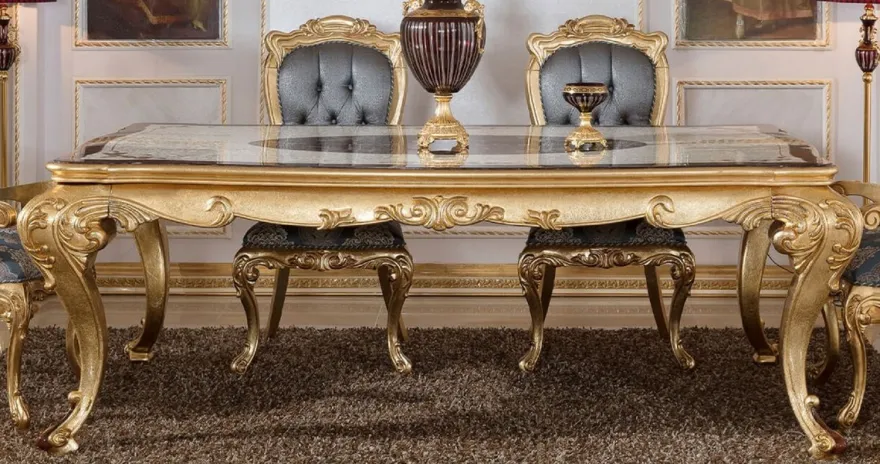 Casa Padrino Luxus Barock Esstisch Weiß / Braun / Gold - Prunkvoller Massivholz Esszimmertisch im Barockstil - Prunkvolle Barock Esszimmer Möbel