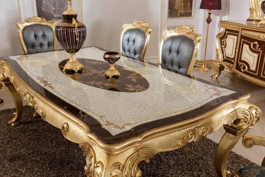 Casa Padrino Luxus Barock Esstisch Weiß / Braun / Gold - Prunkvoller Massivholz Esszimmertisch im Barockstil - Prunkvolle Barock Esszimmer Möbel