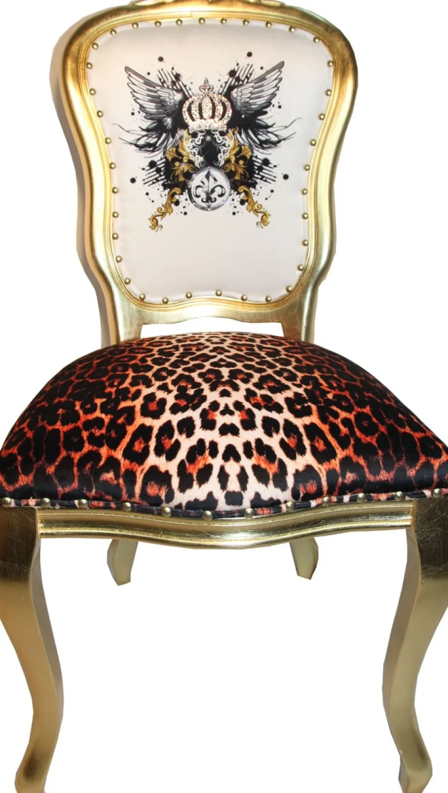 Casa Padrino Luxus Barock Esszimmer Stuhl Pompöös von Harald Glööckler Leopard / Weiß / Gold mit Glitzerkrone & Engelsflügeln - 50 x 60 x 104 cm