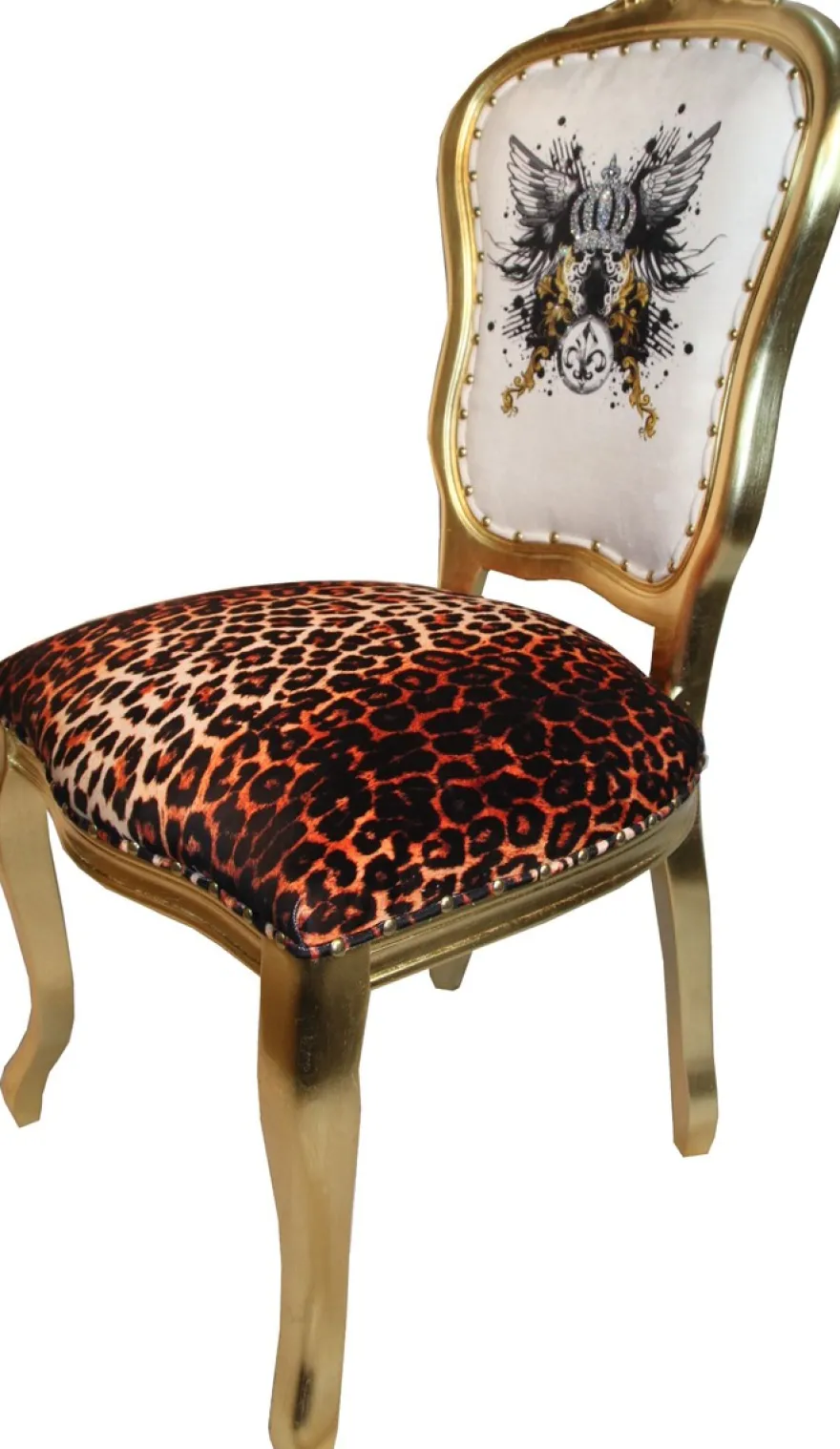 Casa Padrino Luxus Barock Esszimmer Stuhl Pompöös von Harald Glööckler Leopard / Weiß / Gold mit Glitzerkrone & Engelsflügeln - 50 x 60 x 104 cm