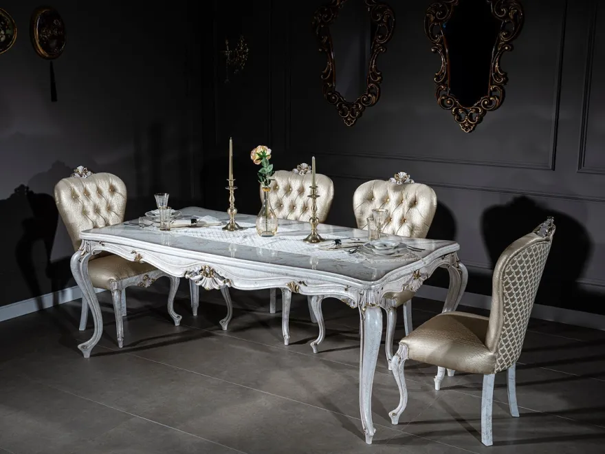 Casa Padrino Luxus Barock Esszimmer Stuhl Set Gold / Antik Weiß / Gold 57 x 65 x H. 113 cm - Küchen Stühle 6er Set - Barock Esszimmer Möbel - Edel & Prunkvoll