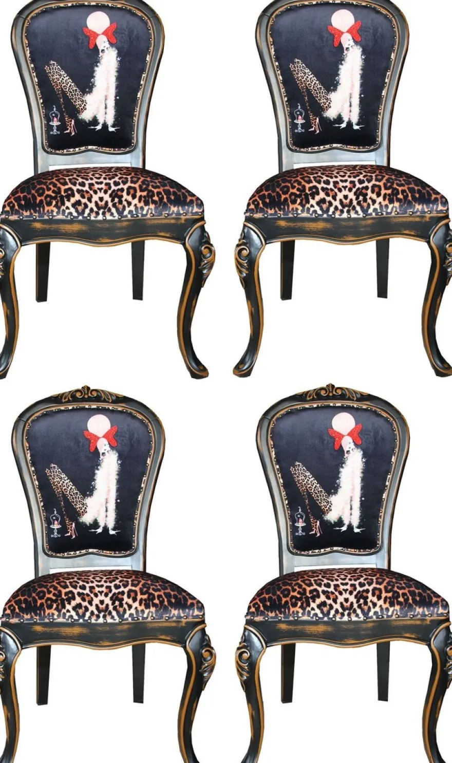 Casa Padrino Luxus Barock Esszimmer Set Dame mit High Heels Leopard / Schwarz / Braun 50 x 50 x H. 110 cm - 4 handgefertigte Esszimmerstühle - Barockmöbel