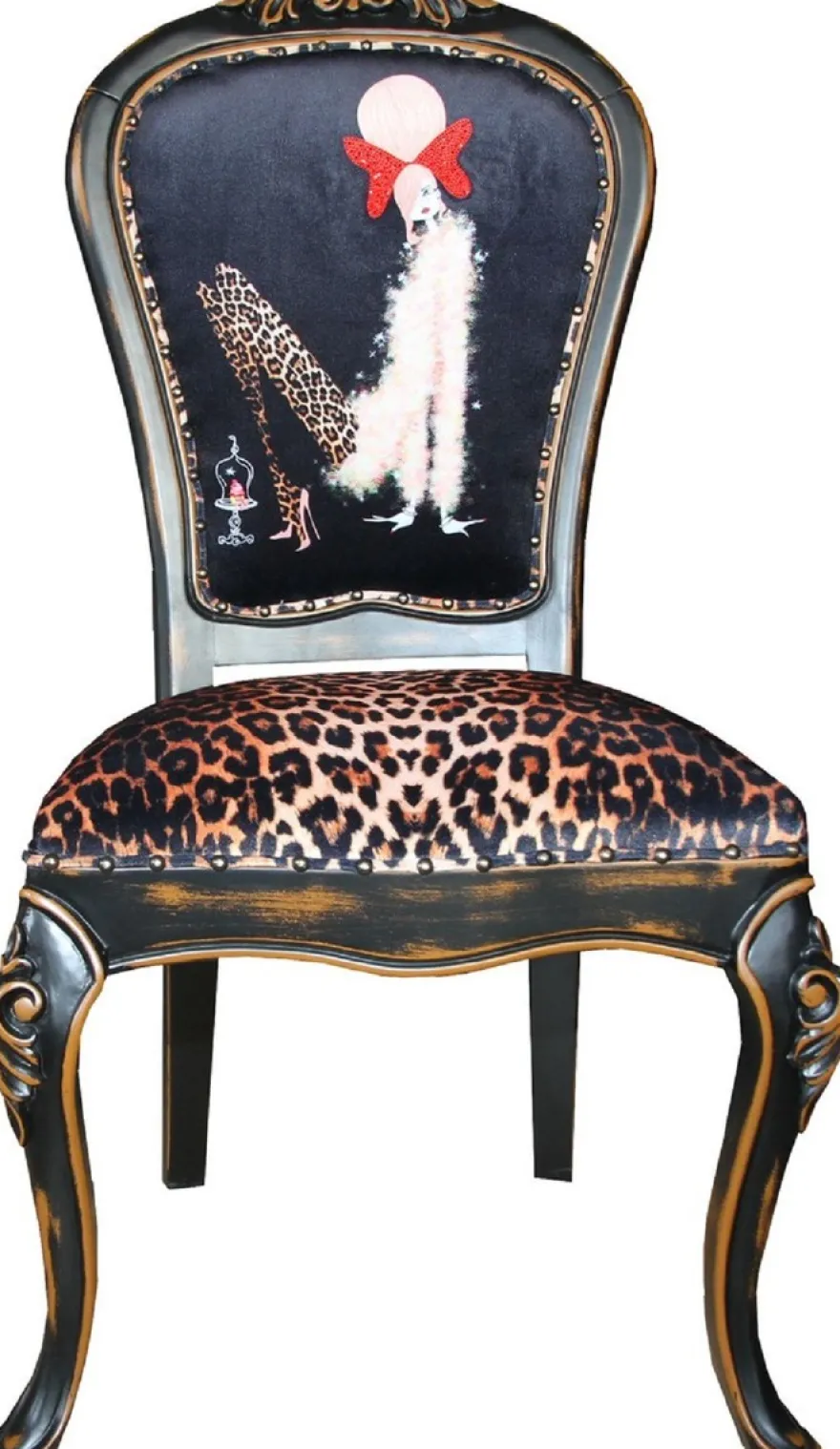 Casa Padrino Luxus Barock Esszimmer Set Dame mit High Heels Leopard / Schwarz / Braun 50 x 50 x H. 110 cm - 4 handgefertigte Esszimmerstühle - Barockmöbel