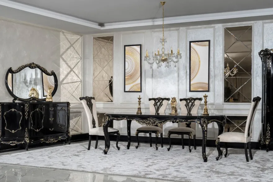 Casa Padrino Luxus Barock Esszimmer Stuhl 8er Set Creme / Schwarz / Gold - Prunkvolle Barockstil Küchen Stühle - Luxus Esszimmer Möbel im Barockstil - Barock Esszimmer Möbel - Barockstil Möbel