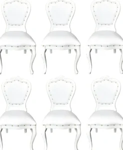 Casa Padrino Luxus Barock Esszimmer Set Weiß / Weiß 45 x 47 x H. 99 cm - 6 handgefertigte Esszimmerstühle mit Kunstleder - Barock Esszimmermöbel