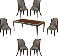 Casa Padrino Luxus Barock Esszimmer Set Silber Muster / Braun / Schwarz / Gold - 1 Barock Esstisch & 6 Barock Esszimmerstühle - Luxus Esszimmer Möbel im Barockstil - Barock Esszimmer Möbel