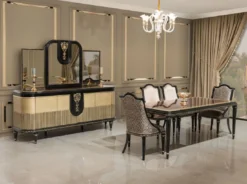 Casa Padrino Luxus Barock Esszimmer Set Silber Muster / Braun / Schwarz / Gold - 1 Barock Esstisch & 6 Barock Esszimmerstühle - Luxus Esszimmer Möbel im Barockstil - Barock Esszimmer Möbel