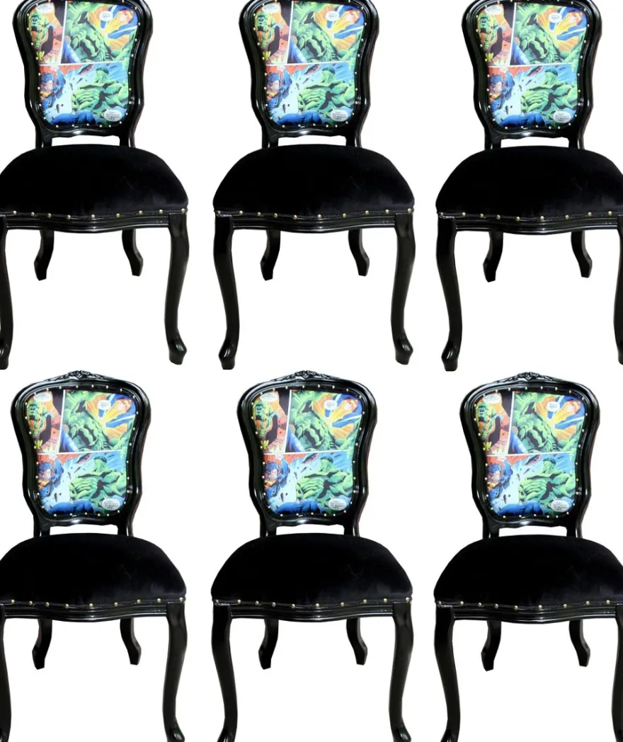 Casa Padrino Luxus Barock Esszimmer Set Comic Mehrfarbig / Schwarz 55 x 54 x H. 103 cm - 6 handgefertigte Esszimmerstühle - Designer Stühle - Barock Esszimmermöbel