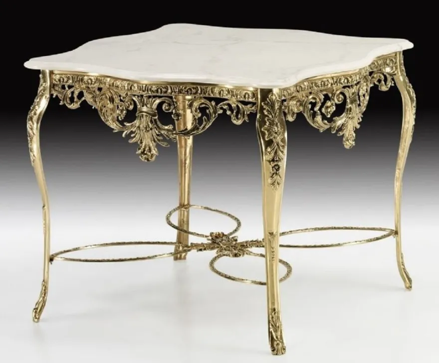 Casa Padrino Luxus Barock Esstisch mit Marmorplatte Gold / Weiß 98 cm - Barock Esszimmer Möbel