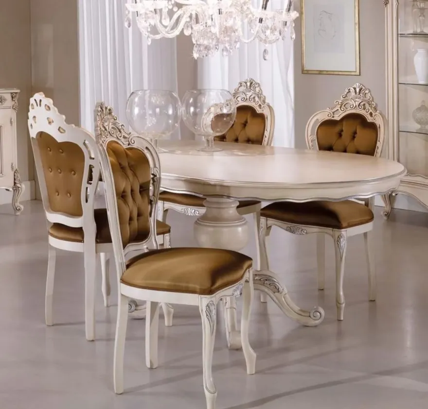 Casa Padrino Luxus Barock Esszimmer Set Braun / Cremefarben / Silber - 1 Barock Esstisch & 6 Barock Esszimmerstühle - Esszimmer Möbel im Barockstil - Luxus Qualität - Made in Italy