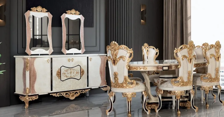 Casa Padrino Luxus Barock Esszimmer Set Creme / Weiß / Gold - 1 Barock Esstisch & 6 Barock Esszimmerstühle - Barock Esszimmer Möbel - Luxus Möbel im Barockstil - Edel & Prunkvoll