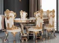 Casa Padrino Luxus Barock Esszimmer Set Creme / Weiß / Gold - 1 Barock Esstisch & 6 Barock Esszimmerstühle - Barock Esszimmer Möbel - Luxus Möbel im Barockstil - Edel & Prunkvoll