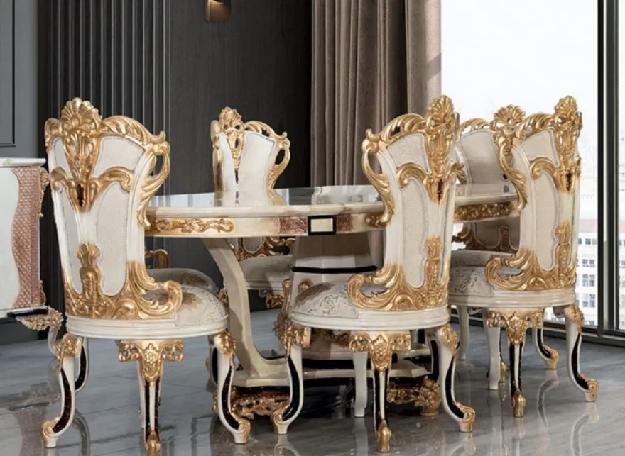 Casa Padrino Luxus Barock Esszimmer Set Creme / Weiß / Gold - 1 Barock Esstisch & 6 Barock Esszimmerstühle - Barock Esszimmer Möbel - Luxus Möbel im Barockstil - Edel & Prunkvoll
