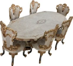Casa Padrino Luxus Barock Esszimmer Set Creme / Weiß / Gold - 1 Barock Esstisch & 6 Barock Esszimmerstühle - Barock Esszimmer Möbel - Luxus Möbel im Barockstil - Edel & Prunkvoll