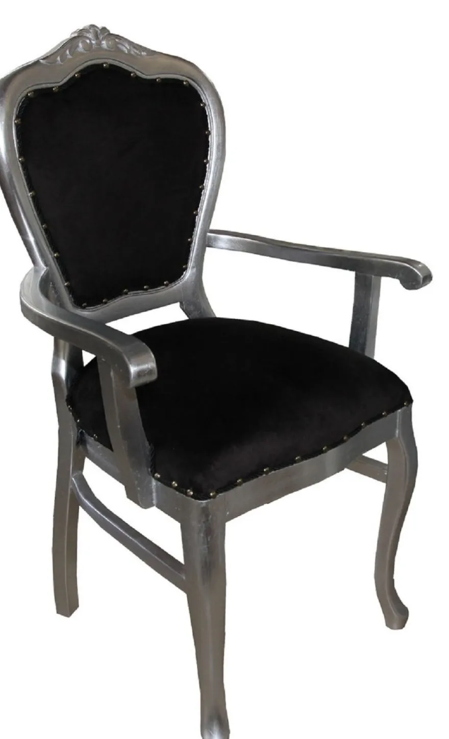 Casa Padrino Luxus Barock Esszimmer Set Schwarz / Silber 60 x 47 x H. 99 cm - 4 handgefertigte Esszimmerstühle mit Armlehnen - Barock Esszimmermöbel