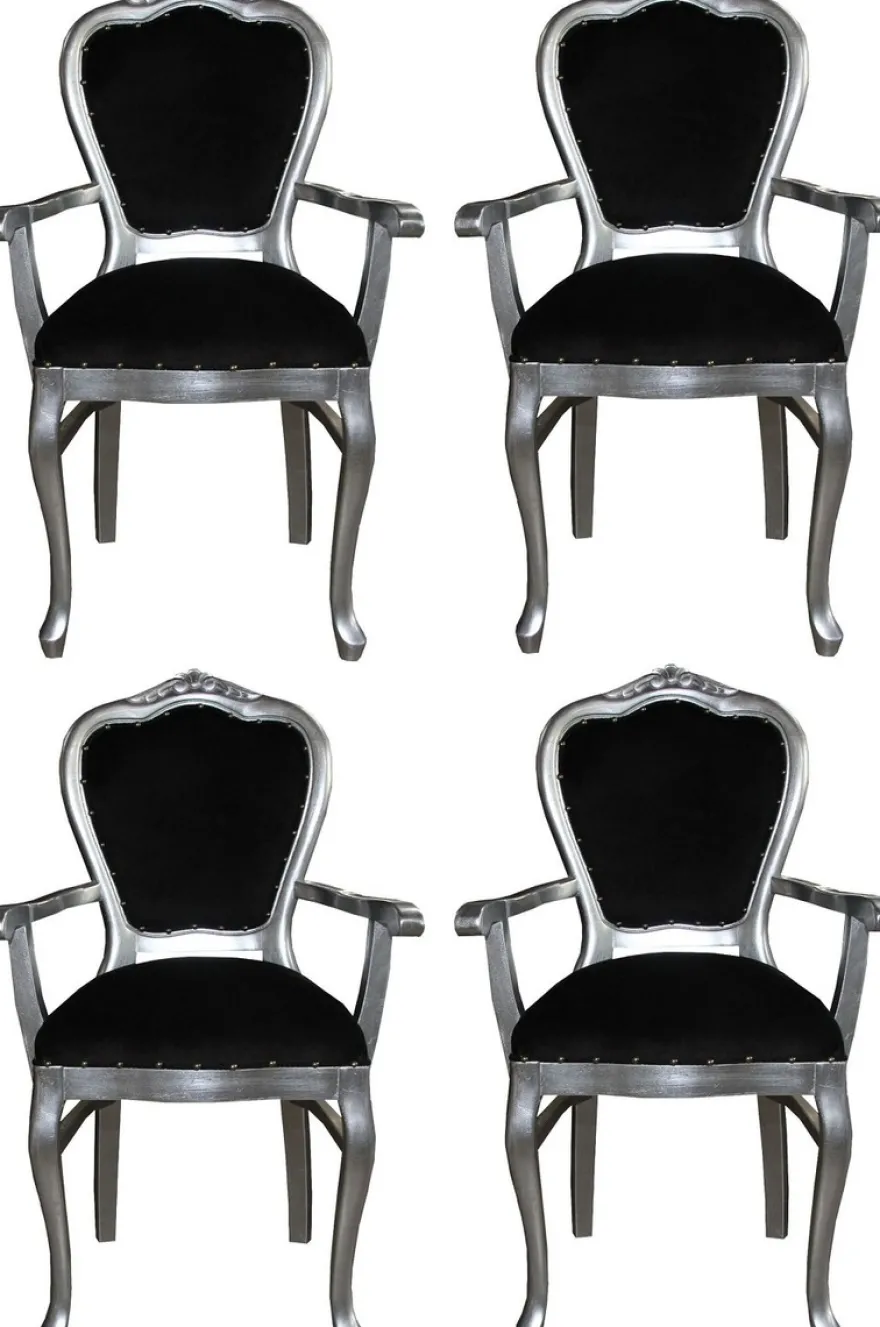 Casa Padrino Luxus Barock Esszimmer Set Schwarz / Silber 60 x 47 x H. 99 cm - 4 handgefertigte Esszimmerstühle mit Armlehnen - Barock Esszimmermöbel