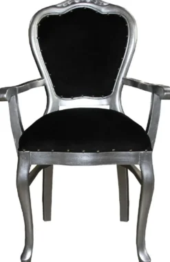 Casa Padrino Luxus Barock Esszimmer Set Schwarz / Silber 60 x 47 x H. 99 cm - 4 handgefertigte Esszimmerstühle mit Armlehnen - Barock Esszimmermöbel