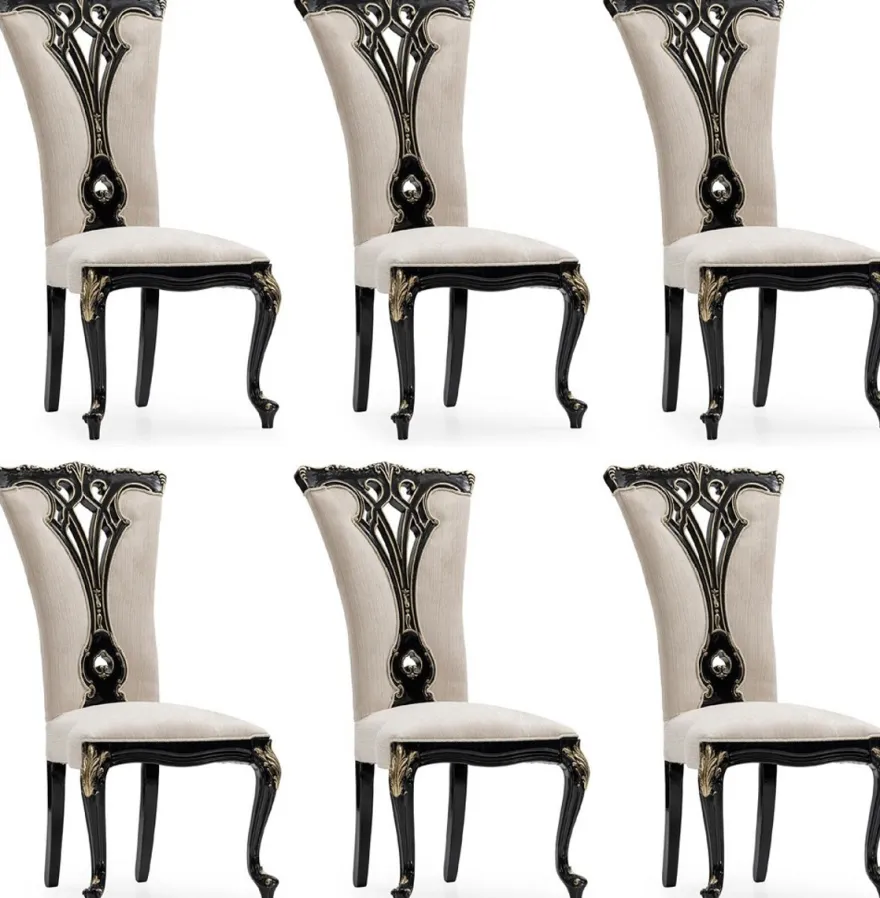 Casa Padrino Luxus Barock Esszimmer Stuhl 6er Set Creme / Schwarz / Gold - Prunkvolle Barockstil Küchen Stühle - Luxus Esszimmer Möbel im Barockstil - Barock Esszimmer Möbel - Barockstil Möbel