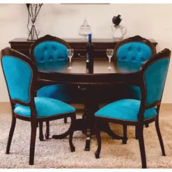 Casa Padrino Luxus Barock Esszimmer Set Dunkelbraun / Blau - 1 ausziehbarer Esstisch & 4 Stühle