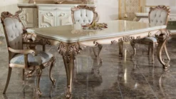 Casa Padrino Luxus Barock Esszimmer Set Weiß / Kupfer - 1 Barock Esstisch & 6 Barock Esszimmerstühle - Barock Esszimmer Möbel - Luxus Möbel im Barockstil - Edel & Prunkvoll