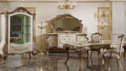 Casa Padrino Luxus Barock Esszimmer Set Weiß / Kupfer - 1 Barock Esstisch & 6 Barock Esszimmerstühle - Barock Esszimmer Möbel - Luxus Möbel im Barockstil - Edel & Prunkvoll