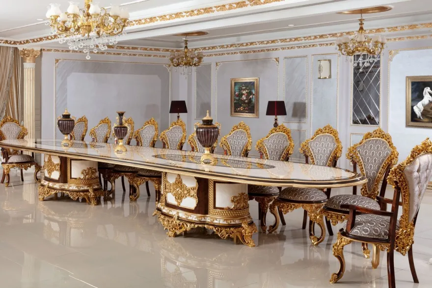 Casa Padrino Luxus Barock Esszimmer Set Weiß / Braun / Grau / Gold - 1 Barock Esstisch & 22 Barock Esszimmerstühle - Hotel Möbel - Schloss Möbel - Palast Möbel - Luxus Möbel im Barockstil