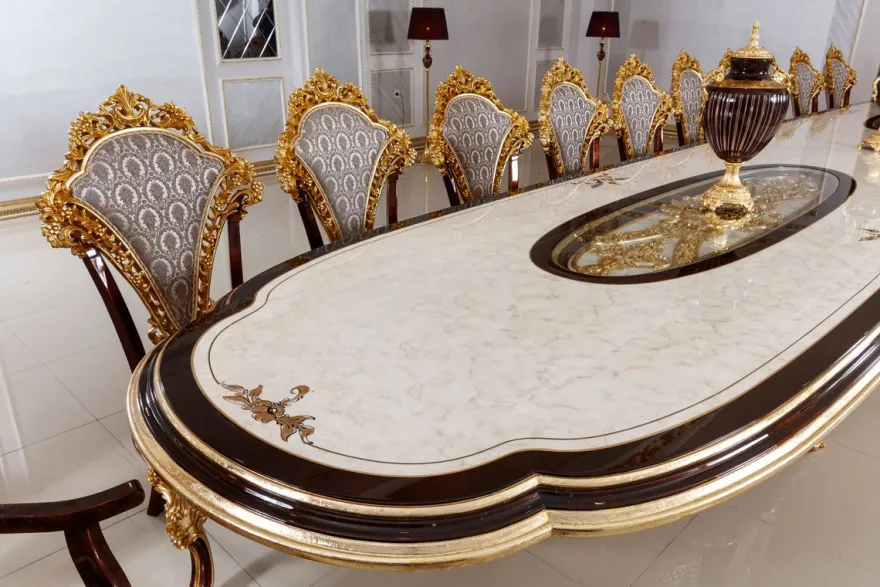 Casa Padrino Luxus Barock Esszimmer Set Weiß / Braun / Grau / Gold - 1 Barock Esstisch & 22 Barock Esszimmerstühle - Hotel Möbel - Schloss Möbel - Palast Möbel - Luxus Möbel im Barockstil