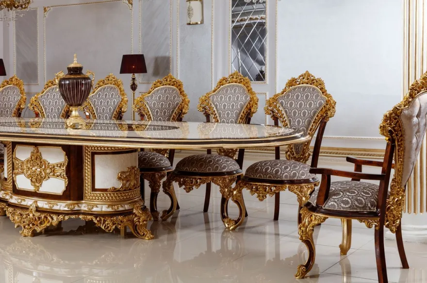 Casa Padrino Luxus Barock Esszimmer Set Weiß / Braun / Grau / Gold - 1 Barock Esstisch & 22 Barock Esszimmerstühle - Hotel Möbel - Schloss Möbel - Palast Möbel - Luxus Möbel im Barockstil