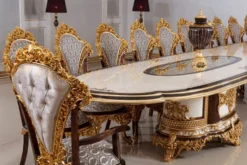 Casa Padrino Luxus Barock Esszimmer Set Weiß / Braun / Grau / Gold - 1 Barock Esstisch & 22 Barock Esszimmerstühle - Hotel Möbel - Schloss Möbel - Palast Möbel - Luxus Möbel im Barockstil