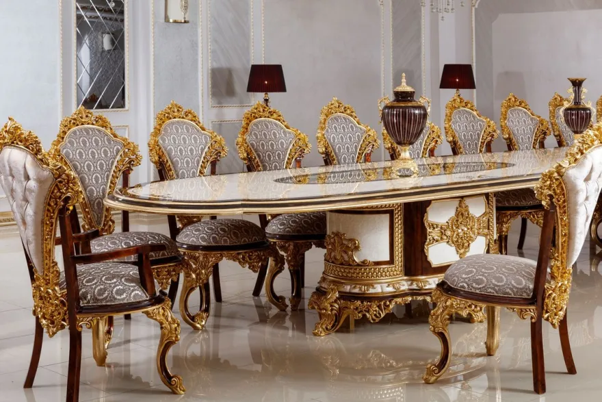 Casa Padrino Luxus Barock Esszimmer Set Weiß / Braun / Grau / Gold - 1 Barock Esstisch & 22 Barock Esszimmerstühle - Hotel Möbel - Schloss Möbel - Palast Möbel - Luxus Möbel im Barockstil