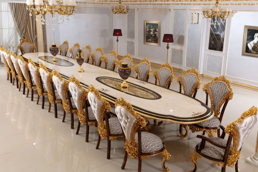 Casa Padrino Luxus Barock Esszimmer Set Weiß / Braun / Grau / Gold - 1 Barock Esstisch & 22 Barock Esszimmerstühle - Hotel Möbel - Schloss Möbel - Palast Möbel - Luxus Möbel im Barockstil