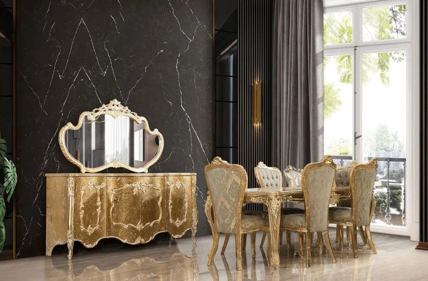 Casa Padrino Luxus Barock Esszimmer Set Grün / Antik Gold - 1 Barock Esstisch & 6 Barock Esszimmerstühle - Luxus Esszimmer Möbel im Barockstil - Prunkvolle Barock Esszimmer Möbel
