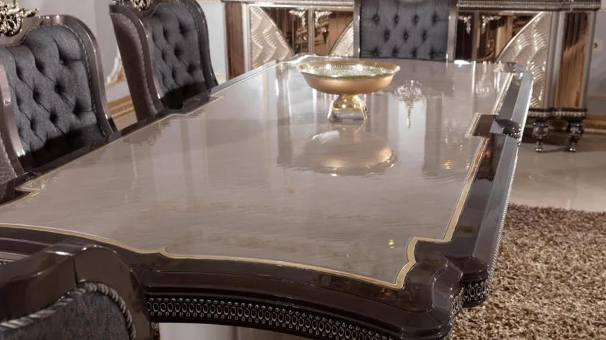 Casa Padrino Luxus Barock Esszimmer Set Blau / Grau / Dunkelbraun / Gold - 1 Barock Esstisch & 6 Barock Esszimmerstühle - Luxus Esszimmer Möbel im Barockstil - Barock Möbel - Edel & Prunkvoll