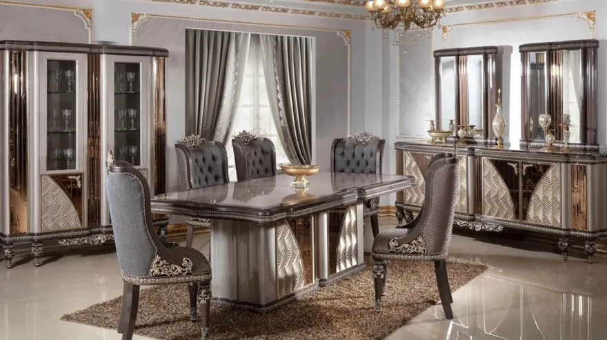 Casa Padrino Luxus Barock Esszimmer Set Blau / Grau / Dunkelbraun / Gold - 1 Barock Esstisch & 6 Barock Esszimmerstühle - Luxus Esszimmer Möbel im Barockstil - Barock Möbel - Edel & Prunkvoll