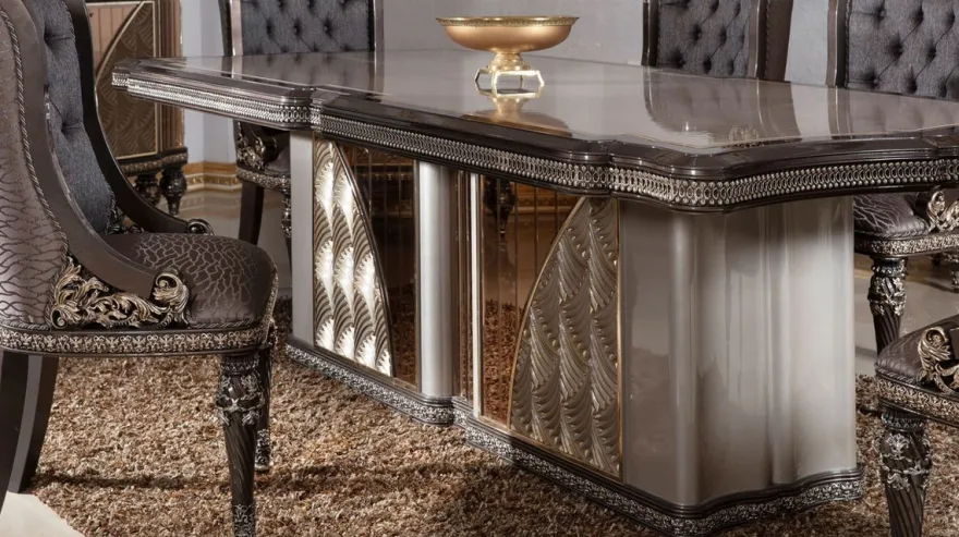 Casa Padrino Luxus Barock Esszimmer Set Blau / Grau / Dunkelbraun / Gold - 1 Barock Esstisch & 6 Barock Esszimmerstühle - Luxus Esszimmer Möbel im Barockstil - Barock Möbel - Edel & Prunkvoll