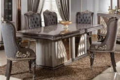 Casa Padrino Luxus Barock Esszimmer Set Blau / Grau / Dunkelbraun / Gold - 1 Barock Esstisch & 6 Barock Esszimmerstühle - Luxus Esszimmer Möbel im Barockstil - Barock Möbel - Edel & Prunkvoll