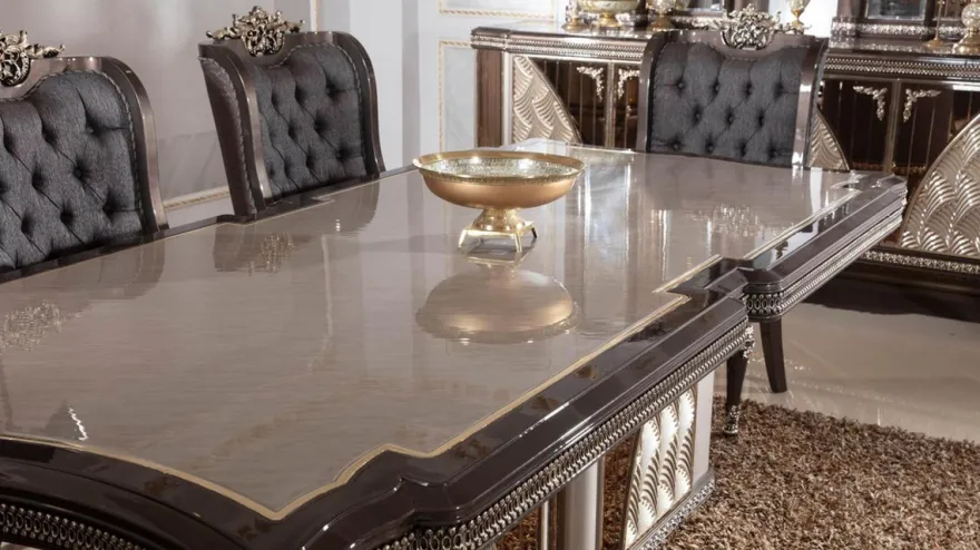 Casa Padrino Luxus Barock Esszimmer Set Blau / Grau / Dunkelbraun / Gold - 1 Barock Esstisch & 6 Barock Esszimmerstühle - Luxus Esszimmer Möbel im Barockstil - Barock Möbel - Edel & Prunkvoll