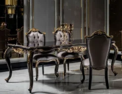 Casa Padrino Luxus Barock Esszimmer Set Silber / Schwarz / Gold - 1 Esstisch & 6 Esszimmerstühle - Barock Esszimmer Möbel - Edel & Prunkvoll
