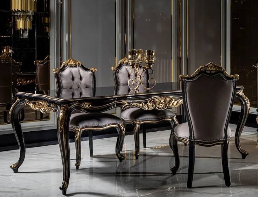 Casa Padrino Luxus Barock Esszimmer Set Silber / Schwarz / Gold - 1 Esstisch & 6 Esszimmerstühle - Barock Esszimmer Möbel - Edel & Prunkvoll