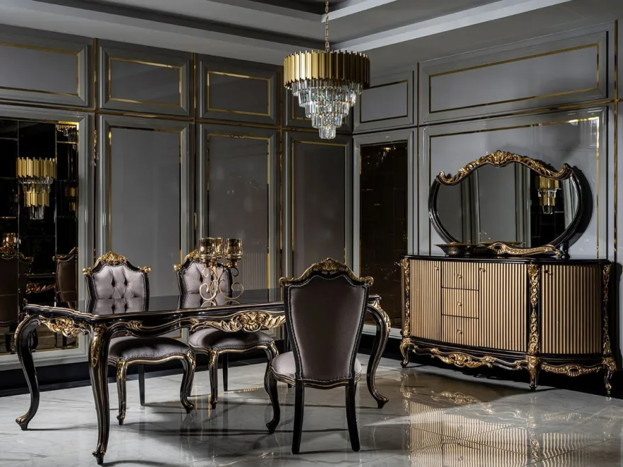 Casa Padrino Luxus Barock Esszimmer Set Silber / Schwarz / Gold - 1 Esstisch & 6 Esszimmerstühle - Barock Esszimmer Möbel - Edel & Prunkvoll
