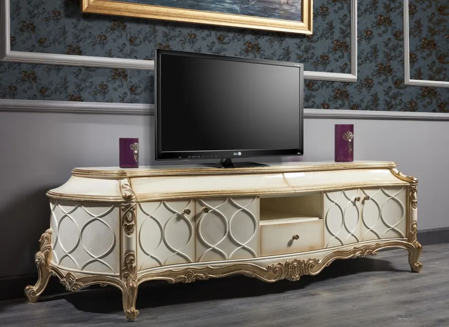 Casa Padrino Luxus Barock Fernsehschrank Weiß / Antik Gold 242 x 65 x H. 70 cm - Prunkvoller Barock Wohnzimmerschrank mit 4 Türen und 3 Schubladen